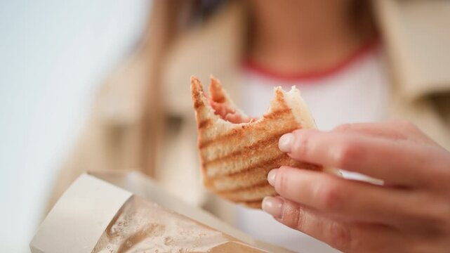 Close up of person holding and taking bites from grilled sandwich with visible grill marks. Hand holds partially eaten food item showing interaction between human hand and edible object