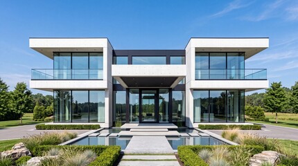 Fototapeta premium Sleek modern mansion with reflecting pool and geometric landscaping