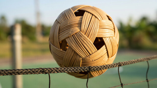 A woven rattan ball balances on a net during a game of Sepak Takraw in a field in Southeast Asia at sunset