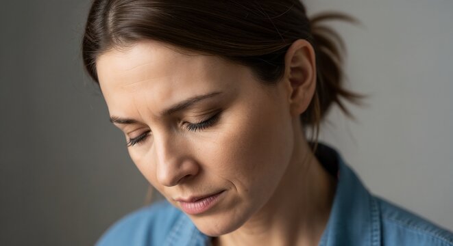 Close up portrait of thoughtful woman looking down against neutral background. Serious thoughtful woman lost in deep thoughts wearing blue denim shirt.