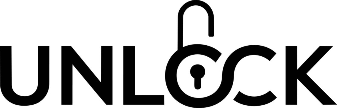 Unlock text typography logo design with a padlock element