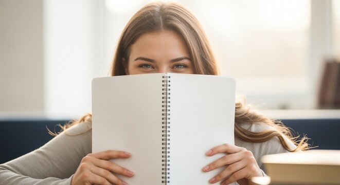 Young student with notebook hiding lower face behind blank open notebook. Girl holding notepad shows playful expression for student with notebook context. Ideal student with notebook advertising.