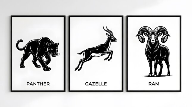 Three vertical framed wall art prints featuring black ink illustrations of a panther a jumping gazelle and a majestic ram on white backgrounds