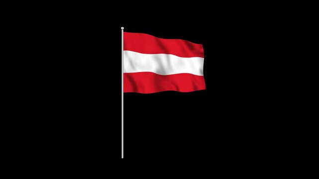 Animation of the Austria flag fluttering on a flagpole against a transparent background in 4K