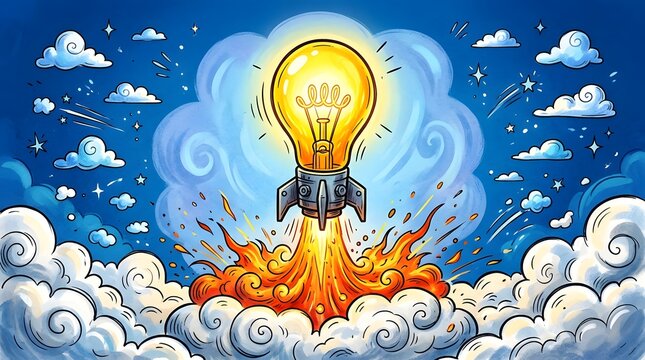 A bright glowing light bulb shaped like a rocket ship launching into the sky surrounded by fluffy white clouds and blue atmospheric smoke