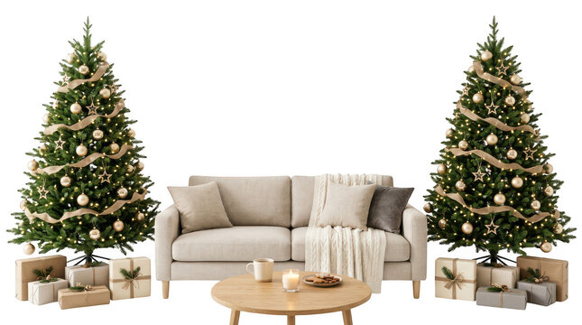 Christmas living room with sofa and two decorated pine trees isolated on transparent background