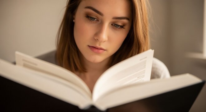 Focused student reading open textbook intently indoors during home study session. Young student reading assignment pages attentively for exam. Concept student reading for online learning courses.