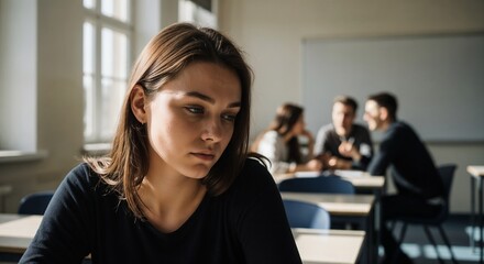 Fototapeta premium Pensive sad female student sitting in classroom while peers chat in background. Focused sad female student feeling excluded during break.