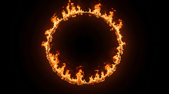 Vibrant burning ring of fire with realistic orange flames on deep black background art.
