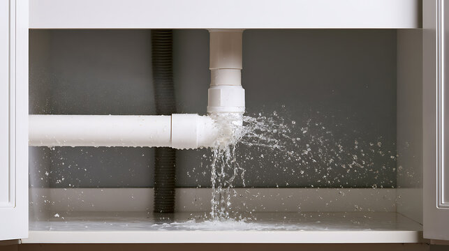 Water leak from a broken pipe under the kitchen sink with water spray and drops splashing everywhere, plumbing emergency concept in home