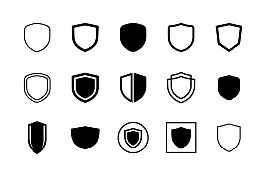 Set of various shield icons and security protection signs in black and white line art style