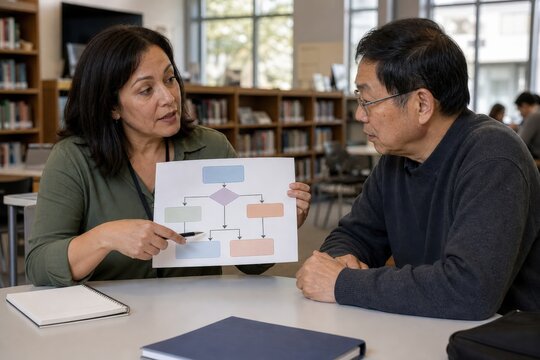 Elder Fraud Prevention Training A Middle-aged Brazilian Female Social Worker With Typical Proportions Explains Options To A Mature-age Learner With A Body Type At A Quiet Public-library Help Table