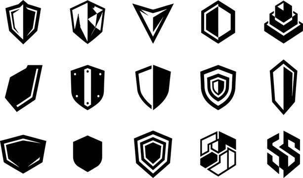 Set of various hand drawn shield icons and heraldic crest shapes in a rough sketch style