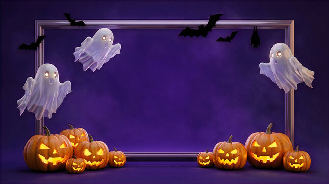 Empty rectangular frame surrounded by glowing pumpkins and ghosts for halloween celebration