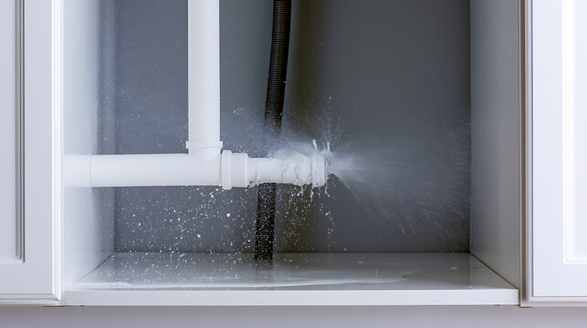 Water burst from a broken PVC pipe under the kitchen sink, causing severe home damage, urgent plumbing repair, domestic emergency concept