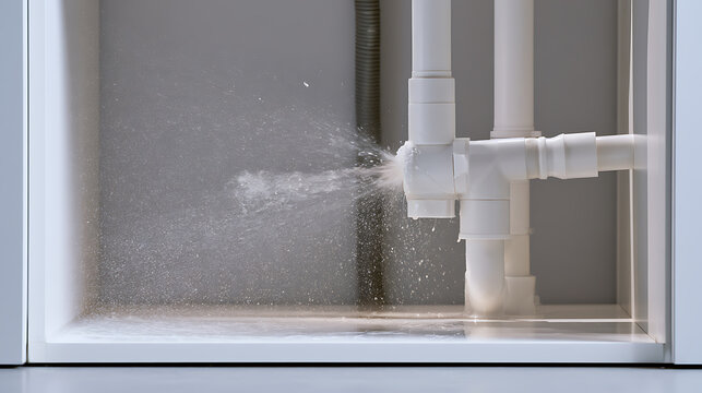 Water burst from a cracked white plastic pipe joint in a domestic plumbing system, showing emergency damage and unexpected indoor leak