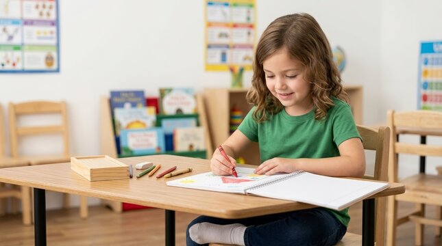 Young girl drawing with red crayon in a notebook at a school desk. Elementary student learning in classroom