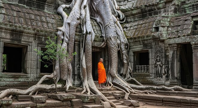 A monk in a bright orange robe stands within the ruins of a temple framed by massive light gray tree roots