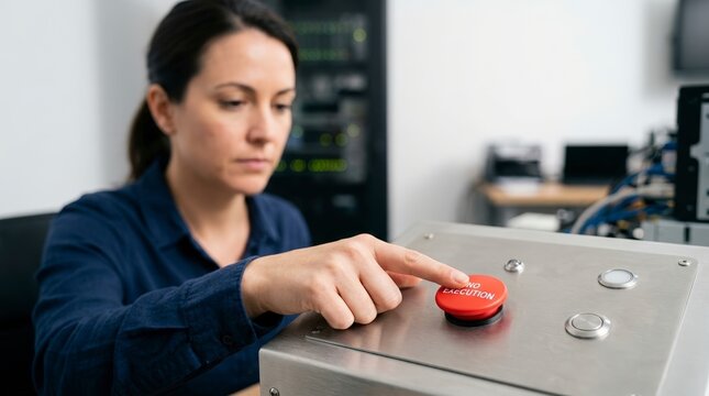 Woman pressing a red No Execution button on a metal control panel. Concept of stopping capital punishment or aborting a critical process