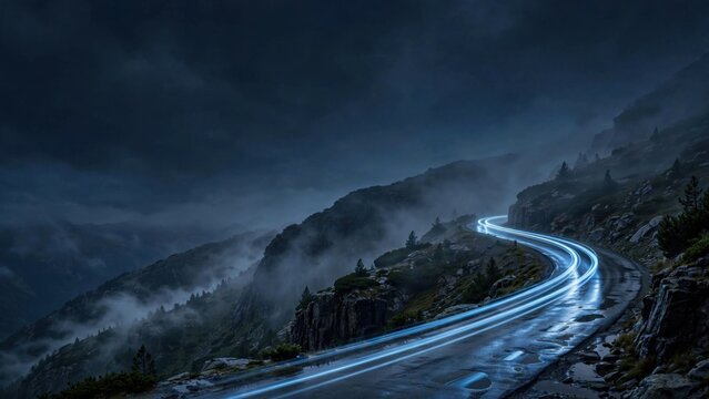 Winding mountain road with car light trails under a dark, misty, cloudy sky. Wet asphalt reflects