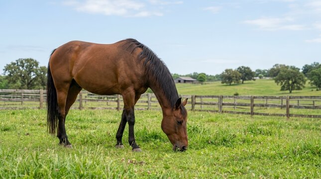 Brown horse grazing in a green pasture. Equine animal eating grass in a rural farm field with a wooden fence