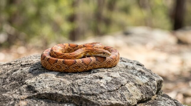 Orange corn snake coiled on a rock. Close up of a patterned reptile resting on a stone in nature. Copy space for text