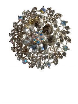 Sparkling crystal brooch with silver and iridescent stones isolated on transparent background, isolated on white background