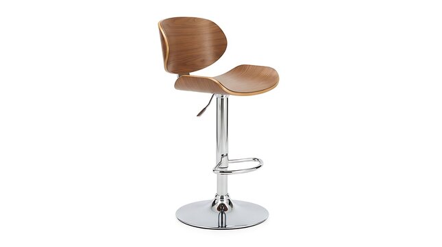 Modern wooden bar stool with a shiny chrome metal base and adjustable height for a contemporary home kitchen interior