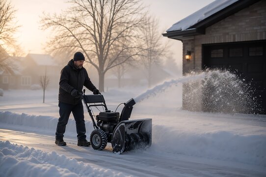 Man using snow blower to clear snow from driveway near house at sunrise. Snow removal machine throwing snow in winter morning. Seasonal yard work and home maintenance concept.