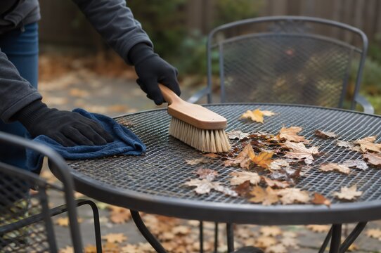 Woman cleaning patio furniture with brush in autumn garden. Removing dry leaves from metal table before winter. Seasonal yard cleanup and outdoor furniture maintenance concept.