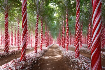 Obraz premium Enchanted forest with candy cane trees and peppermint ground cover in daytime