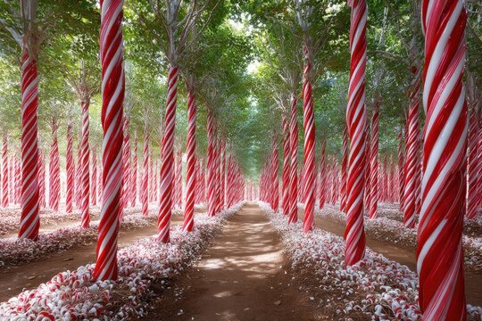 Enchanted forest with candy cane trees and peppermint ground cover in daytime
