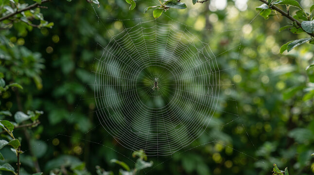 Intincada telara&ntilde;a sim&eacute;trica con una ara&ntilde;a en el centro, suspendida entre frondosas ramas y hojas verdes de un bosque h&uacute;medo.