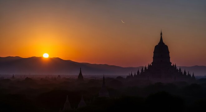 Serene landscape of an ancient valley at sunset featuring a pagoda silhouette and a faint crescent moon in the sky