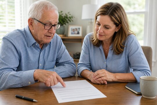 Elder Fraud Prevention Training A White Man In His Late 70s With An Average Build Taking The Lead While Creating A Trusted-contact Plan With His Adult Daughter In Her At A Bright Home Desk