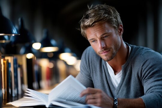 Focused Man Reading a Book in a Softly Lit Library Setting