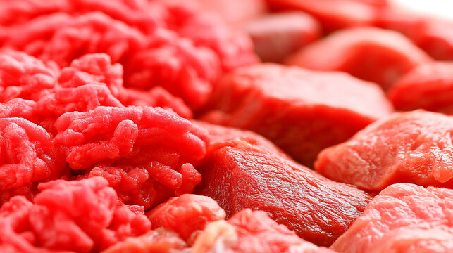 Fresh minced beef and raw meat chunks arranged closely together with ground beef