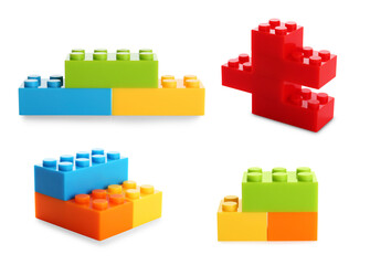 Naklejka premium Colorful building bricks isolated on white, set. Kids toy