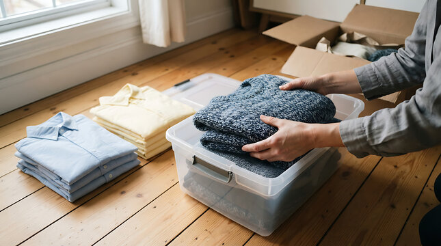 Organizing seasonal wardrobe on wooden floor by packing warm knitted sweaters into box.