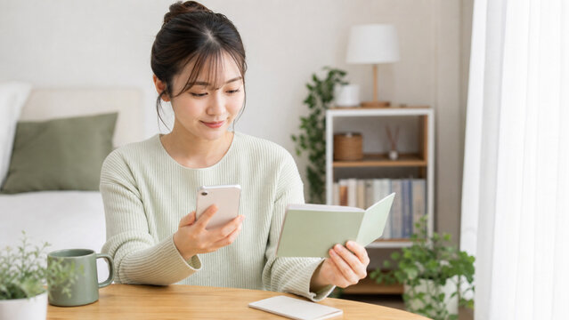明るい部屋でスマートフォンと通帳を見ながら貯蓄目標を考える若い日本人女性