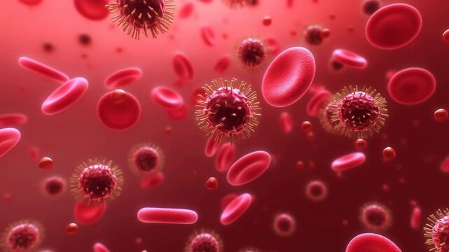Red blood cells and spiky spherical particles drift through a deep red fluid environment, moving at varied depths with soft highlights, shallow focus, and layered biological forms