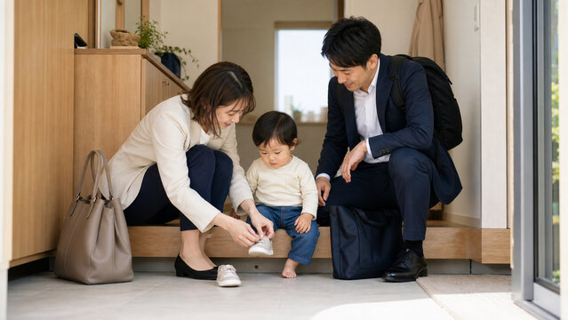 朝の玄関で幼児の靴を履かせて出発する共働きの日本人家族