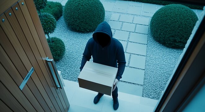 Suspicious Figure with a Package Stands on a Modern Home Doorstep