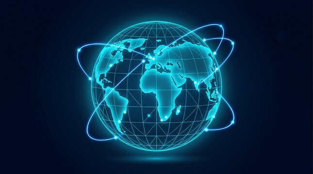 Digital globe with global network connections and communication lines, representing international technology, business, and data exchange on a dark blue background