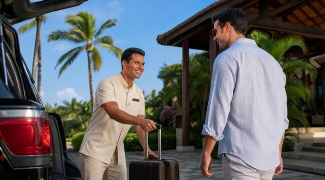 Concierge assists guest with luggage at resort