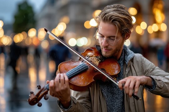 Musician plays violin on a rainy evening in a bustling city street