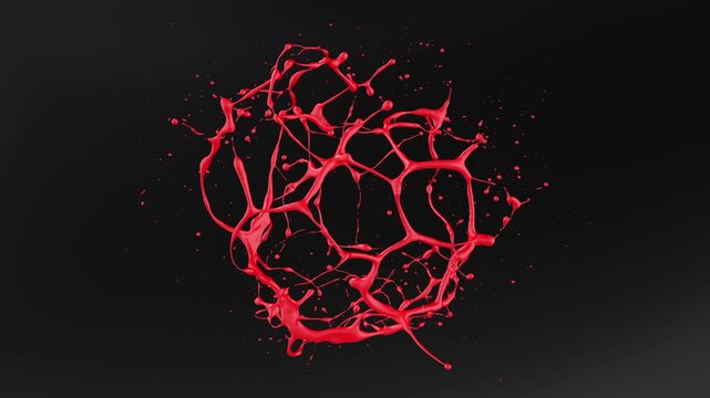 Red liquid sphere explodes, expanding into porous web, then thins into fragile filaments and droplets against dark background.