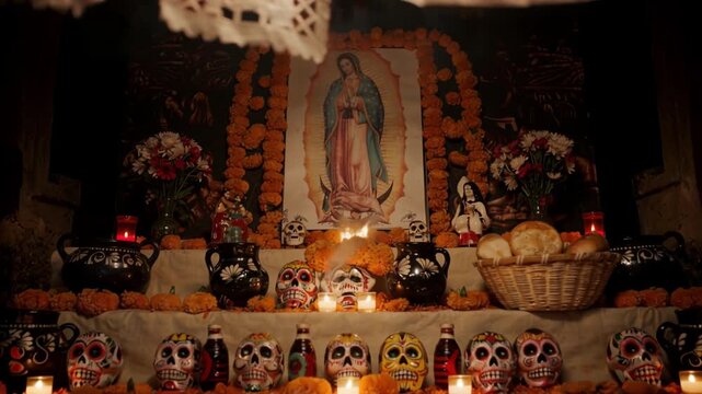 Traditional Day of the Dead altar with candles, decorative skulls, marigolds and a religious image