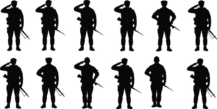 Collection of black silhouettes showing soldiers in uniform standing in formation and performing a military salute, isolated on a white background, for use