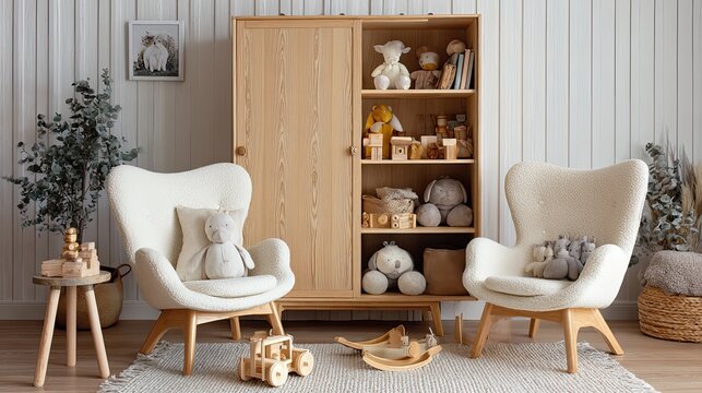 cozy scandinavian style kids playroom with wooden wardrobe white armchairs and soft plush toys